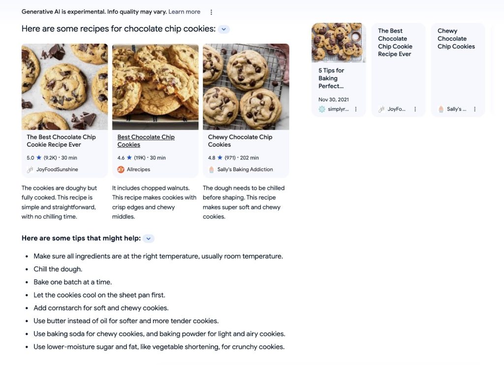Google SGE results for 'best chocolate chip cookie recipe'