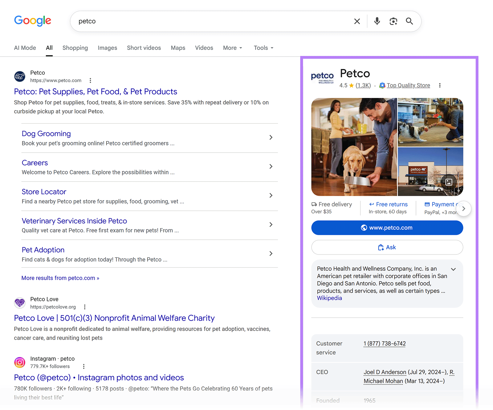 Google results for Petco with an organization knowledge panel showing its logo, rating, images, services, and company details