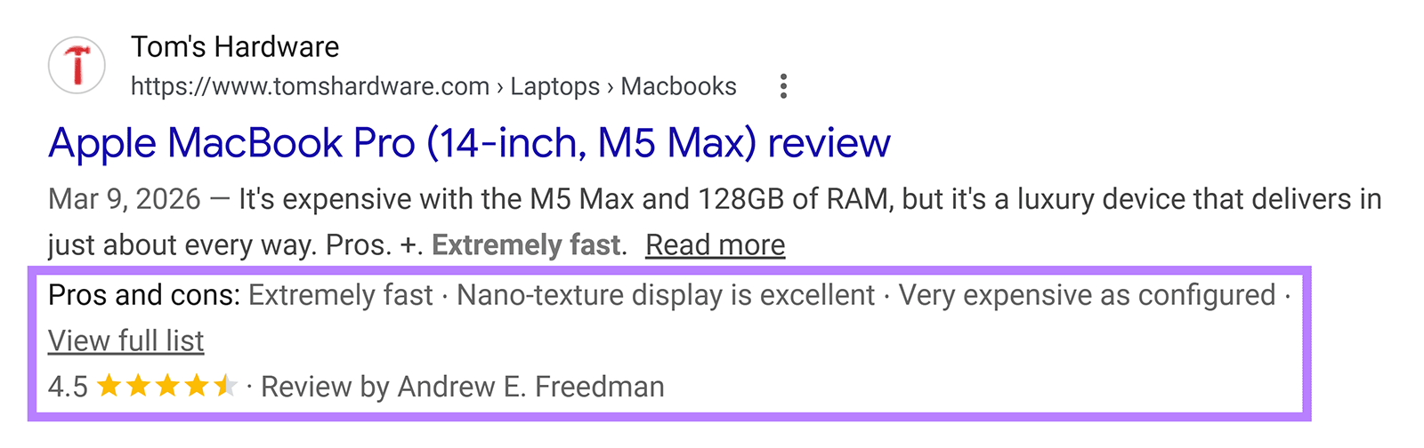 Google review rich result for a MacBook Pro article showing pros and cons, a 4.5-star rating, and the reviewer’s name