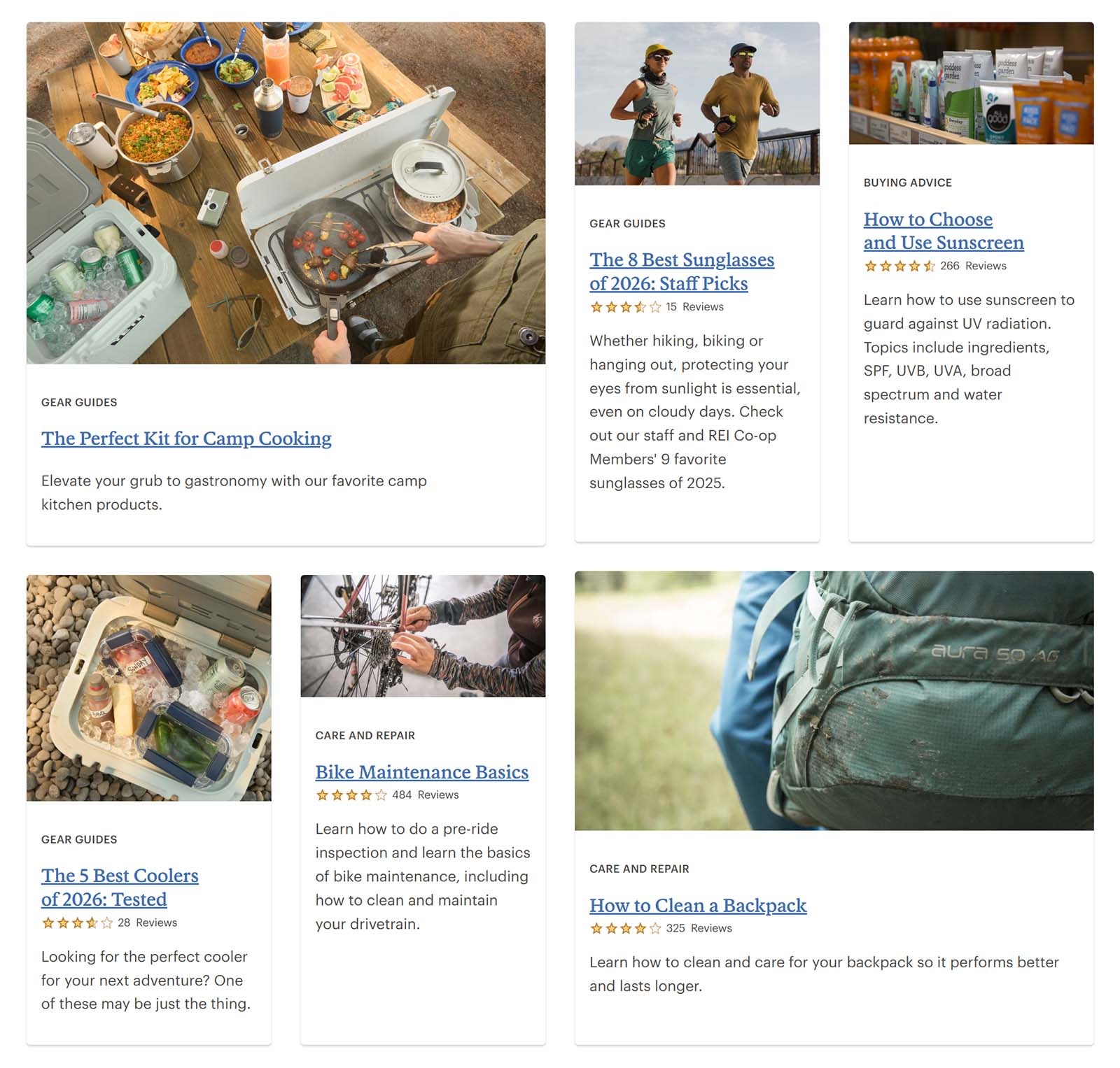 REI blog cards showing expert outdoor guides, reviews, ratings, and product advice