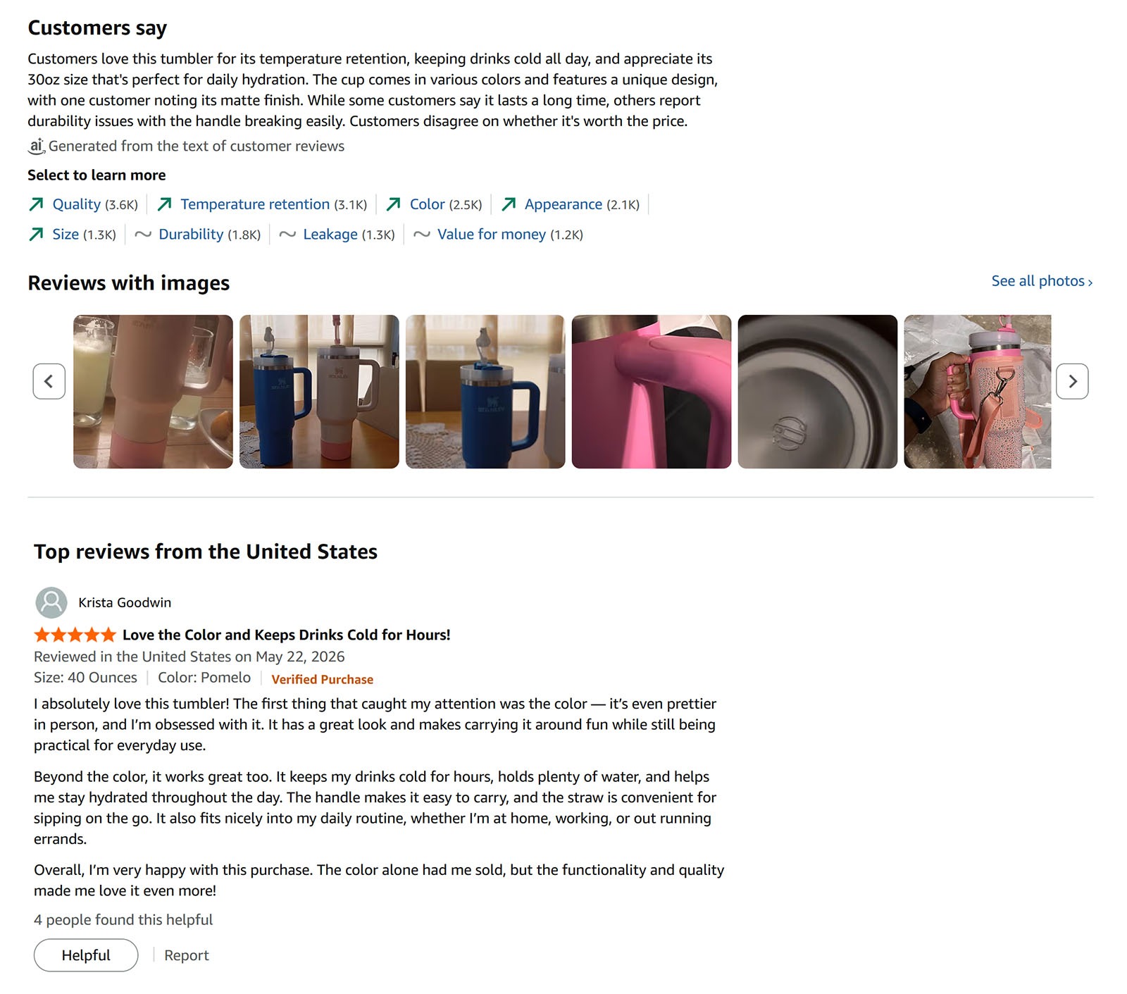Amazon customer review section with AI-generated review summary, image reviews, and a verified purchase review