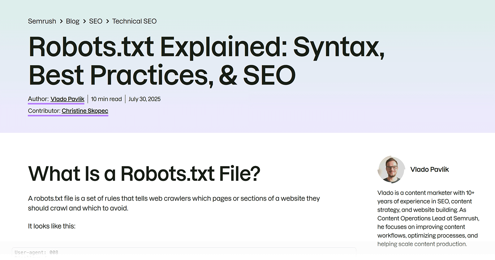Semrush blog post showing author and contributor names below the article title
